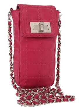 CHANEL Choco Bar line Chain Shoulder Bag Leather Pink Silver CC Auth BA8714